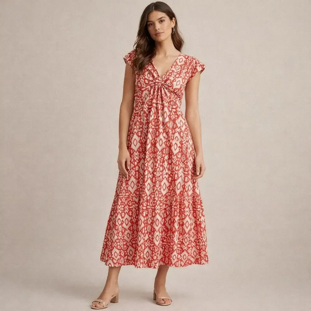 BB Dakota Red & White Ikat Print Midi Dress – Size Small – 100% Cotton